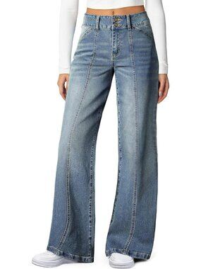 Women's Blue High Waisted Stretchy Jeans Seamed Front Double Buttons Wide Leg